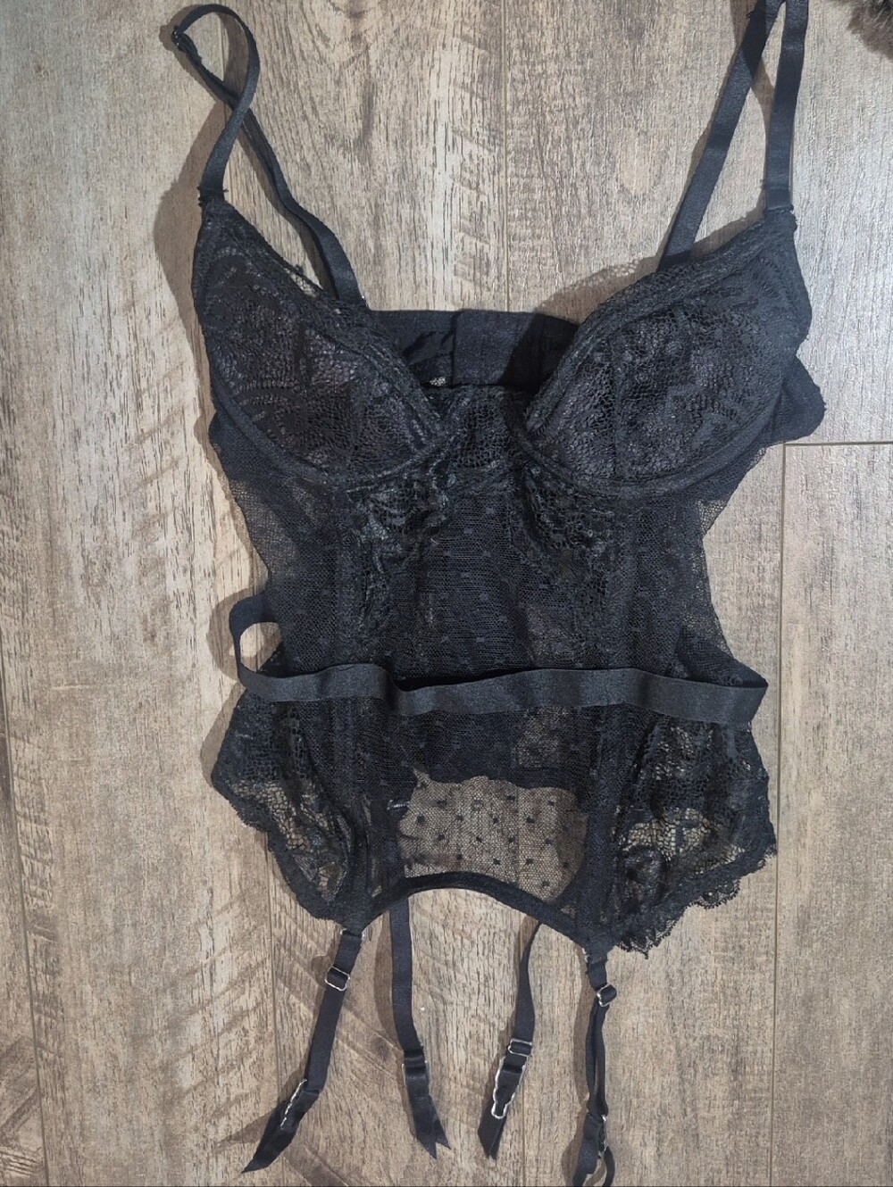 Sheer Black Lace Bustier with Garter Straps